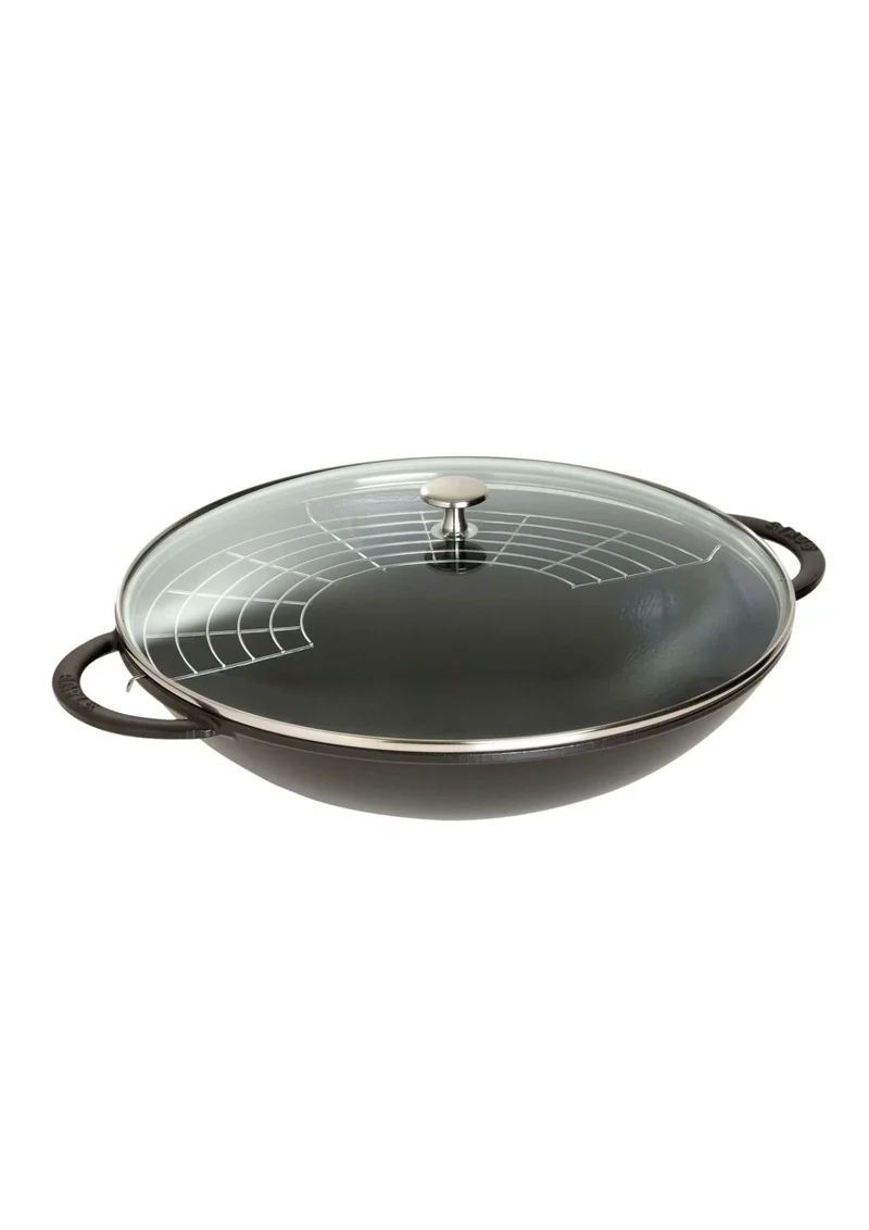 Wok Staub 37 cm noir couvercle verre