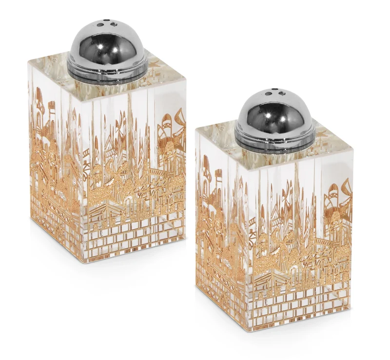 A&M Judaica Crystal Salt And Pepper Holder With 4 Sides Gold Jerusalem Plate 2x4"