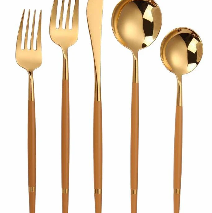 Vikko Dine - Oak, Mirror Gold And Cognac (Brown) Flatware, 20 Pc Set, Service For 4