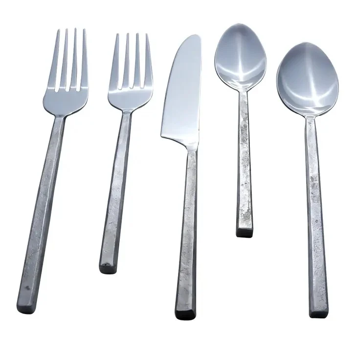 Inox Garnett 20 Piece Set, High Grade Stainless Steel, Unique Raw Texture Handle, Polished Heads, Service for 4