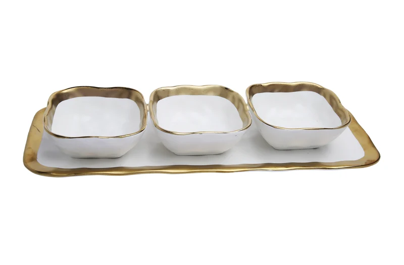 Classic Touch White Porcelain Square Dip Bowls with Gold Trim and Matching Tray