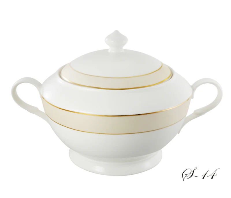 Lorren Home La Luna Collection Bone China 4 Qt. Soup Tureen with Lid, Gold Valentina 12"x10"x9"