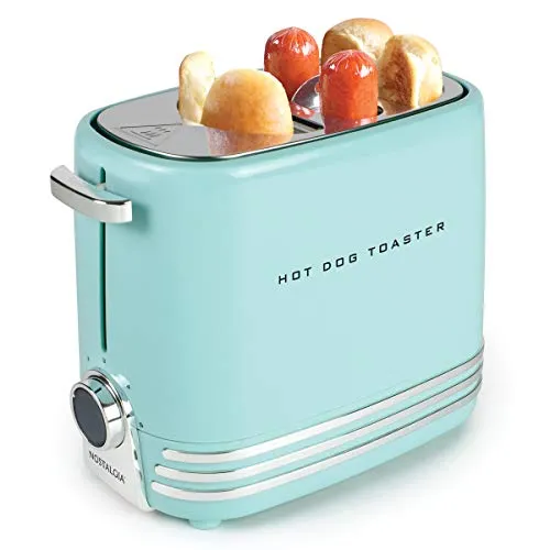 Nostalgia HDT900AQ Pop-Up 2 Hot Dog and Bun Toaster With Mini Tongs, Aqua Chrome