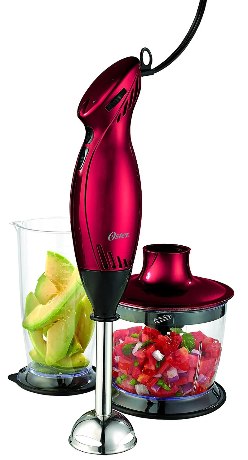 Oster 2 Speed 250 Watt Immersion Hand Blender with 3 Cup Food Chopper Attachment & Measuring Cup, Red HANDBLEND