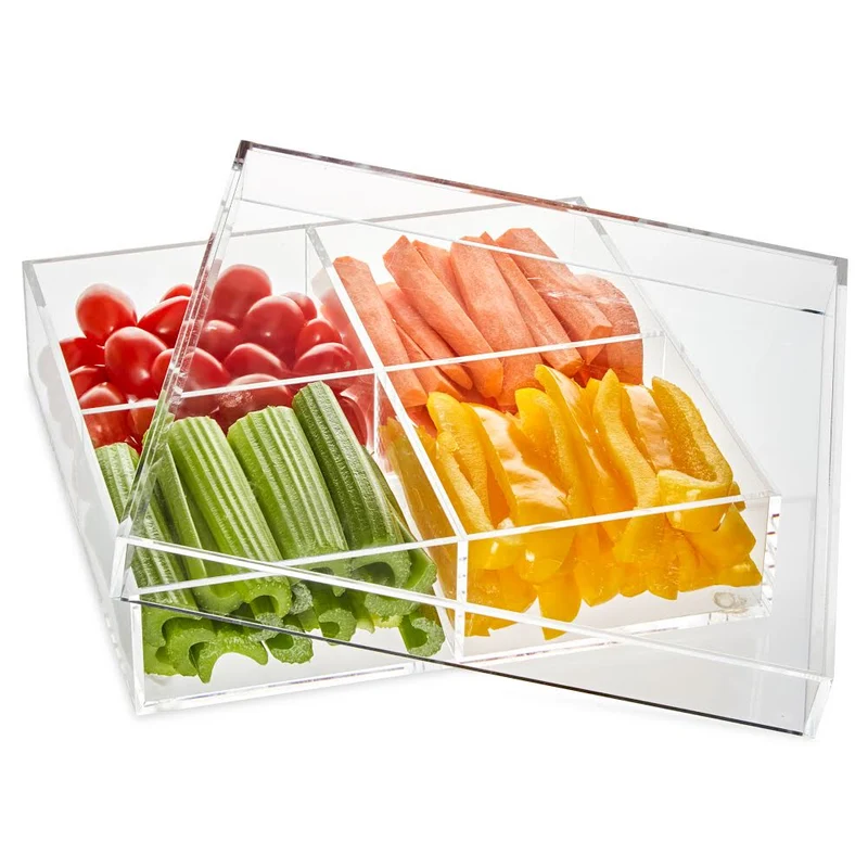 Lucite by Design CS992CL Large Square 4 Sectional Lucite Dish with Clear Lid (9” X 9” X 2”)