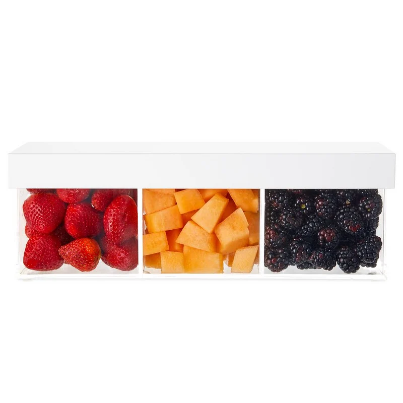 Lucite by Design CS1244WL Large Rectangle 3 Sectional Lucite Dish with White Lid (4” X 12” X 4”)