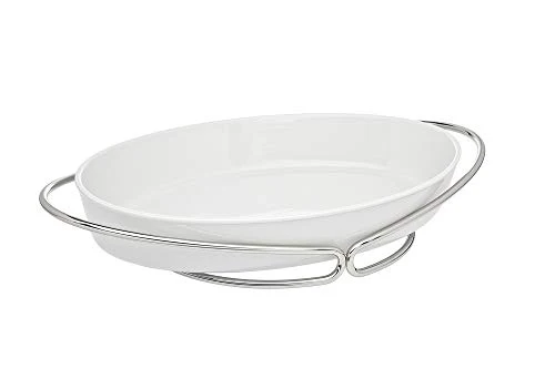 Godinger Infinity Oven to Table Porcelain Oval Baker, Warmer, Serving Piece with Nickel Silver Base