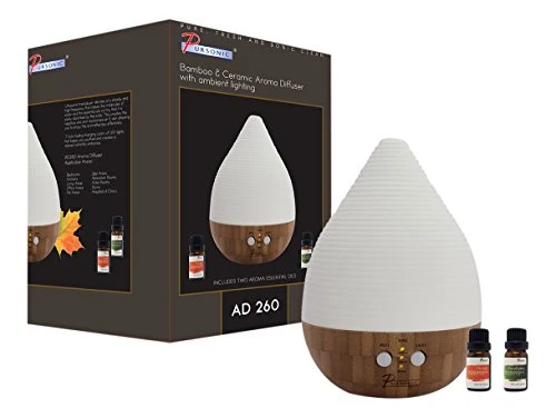 Pursonic AD260 Bamboo and Ceramic Aroma Diffuser with Ambient Lighting, 2 Aromatherapy Essential Oils
