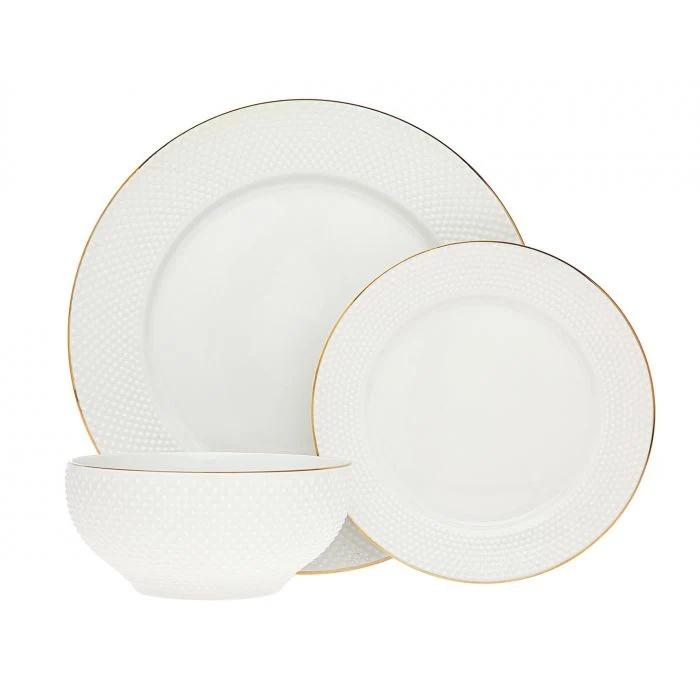 Godinger Pique Gold 18 Piece Porcelain China Set, Service for 6, 10.25" Dinner Plate, 7.5" Salad Plate and 6"Bowl