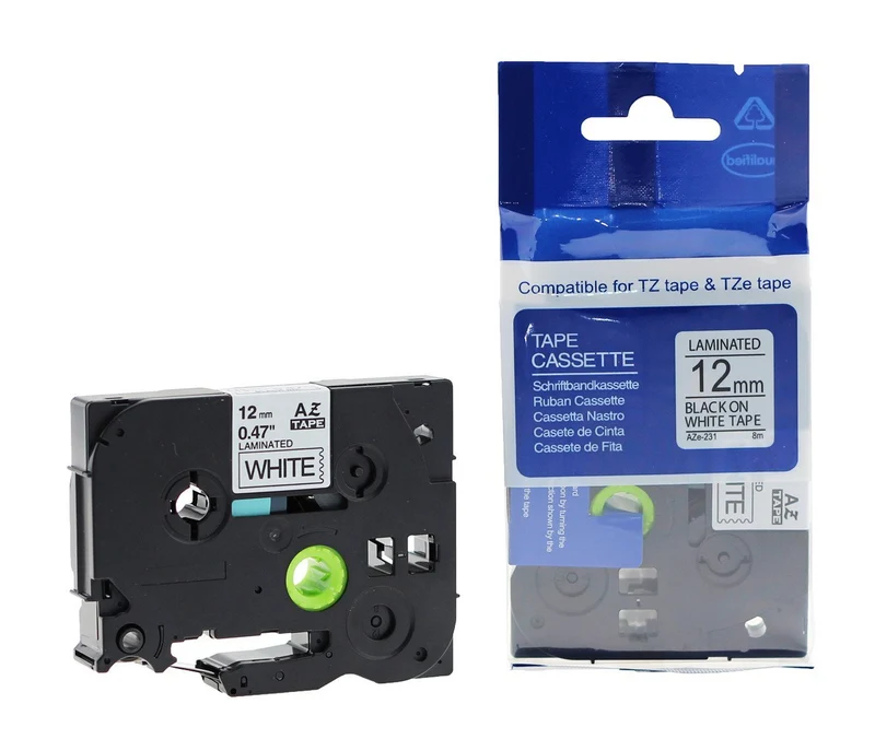 Replacement Laminated Black on White 12mm Label Tape for Brother P-Touch Label Maker - TZe-231 TZe231 TZe 231, 0.47" x 26.2', 12mm x 8m (Works with PTH110)