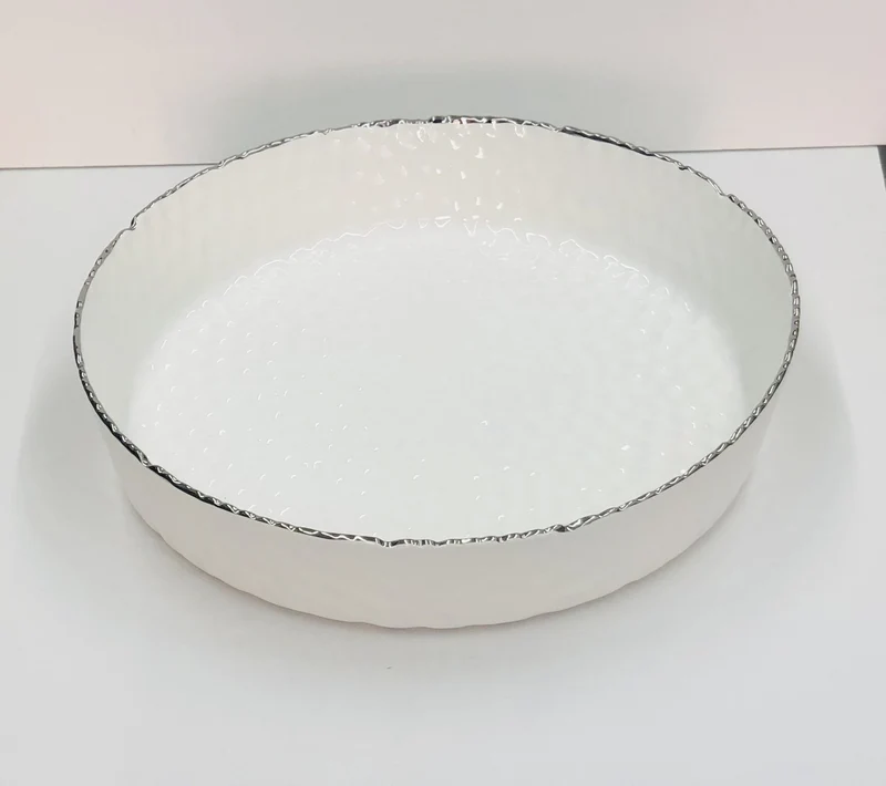 Joseph Sedgh Ceramic Serving Bowl, Pebbled White with Silver Rim