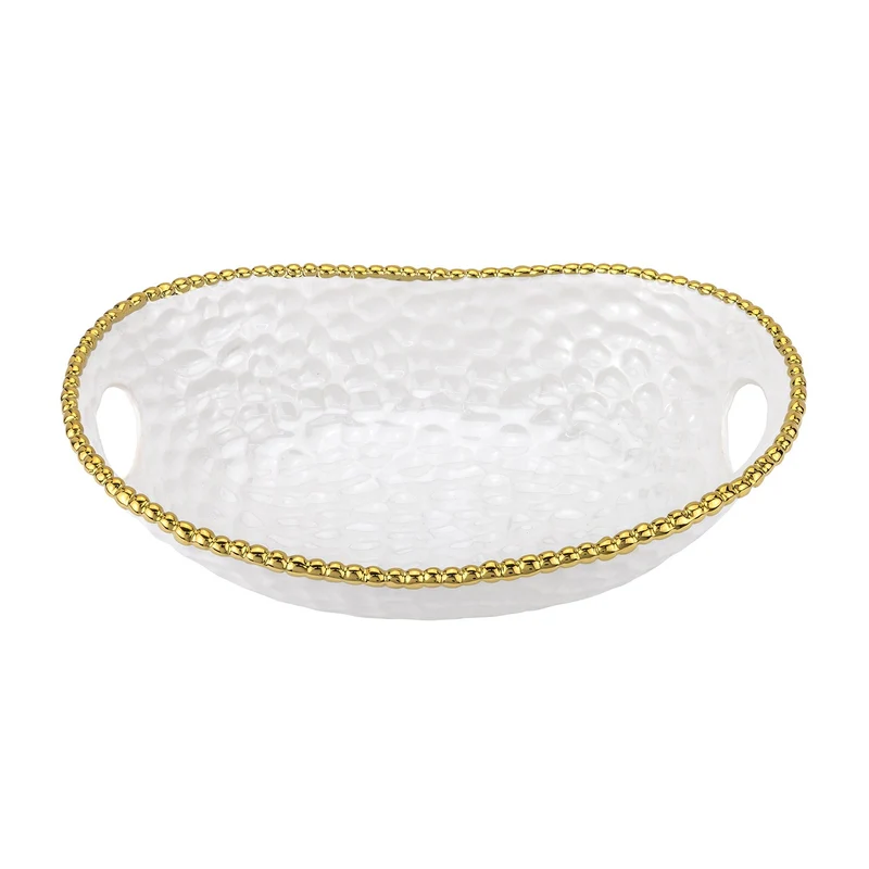 Joseph Sedgh Pebbled White Ceramic Serving Bowl with Gold Bead Rim