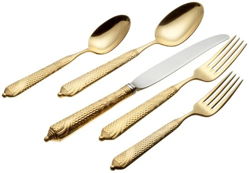 Yamazaki Byzantine 5 Piece 18/8 Stainless Steel Single Place Setting Flatware Set, 24-Karet (Includes Dinner Knife, Dinner Fork, Salad/Dessert Fork, Soup/Cereal Spoon, Teaspoon)