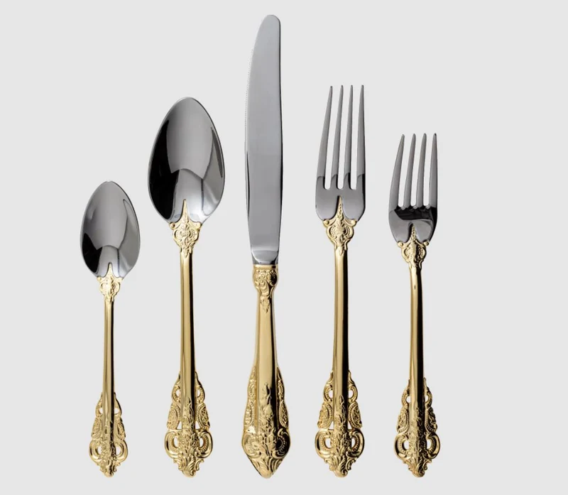 Vikko Crown Baroque Jade 18/10 SS 20 Pc Flatware Set, Gold Handle, Two Tone GA, Service for 4