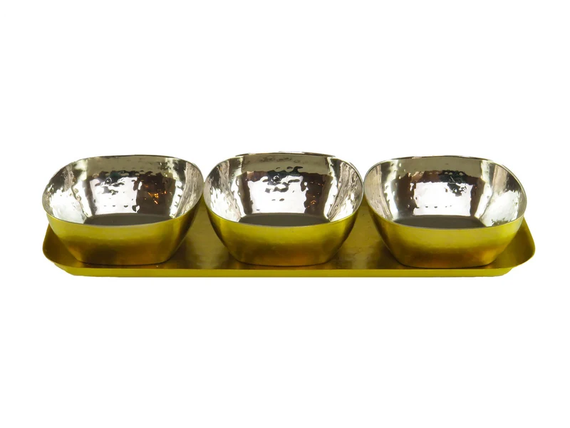 Classic Touch 3 Gold Square Sectional Candy Dip Dish with Rectangular Tray (10"L x 4"W x 1.5"H)