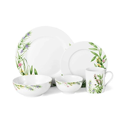 Mikasa 20 Piece Dinnerware Set, Herbal Fields - Service for 4 (10.75" Dinner Plates, 8.25" Salad Plates, 6.5" Soup Bowls, 4.5" Fruit Bowls, 12 Oz Mugs)
