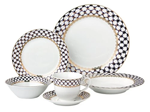 Lorren Home Trends 24 Piece Porcelain Dinnerware Set, Tula Blue Cobalt