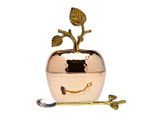 Godinger Silver Art Copper Leaf Honey Dish Jar Container With Serving Spoon