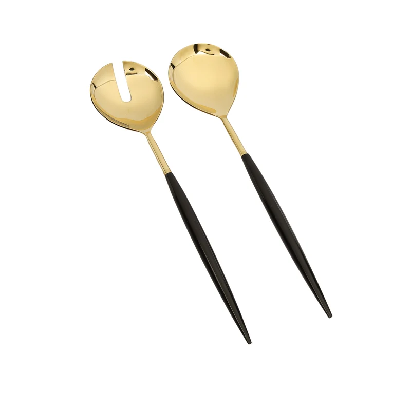 Classic Touch Black and Gold Salad Server Serving Spoon Set