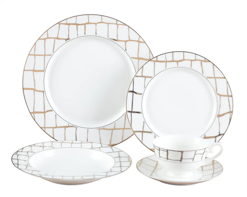 Joseph Sedgh Collection 6718G 20 Piece Fine Bone China Dinnerware Set, Luxe Gold - Service for 4 (Big Plate, Small Plate, Bowl, Teacup+Saucer)