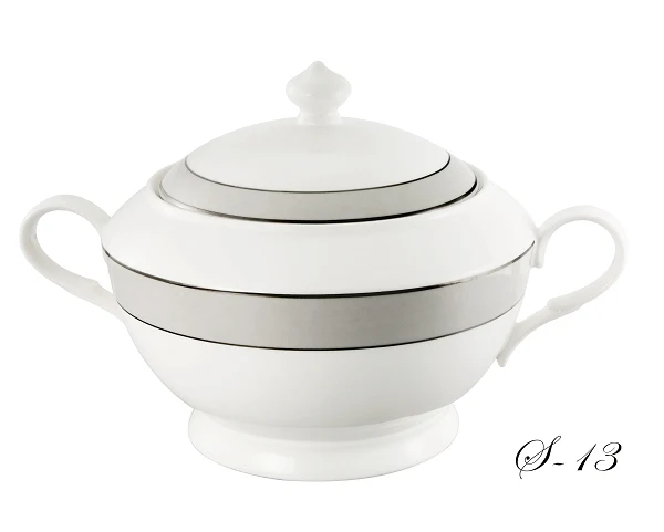 Lorren Home La Luna Collection Bone China 4 Qt. Soup Tureen with Lid, Silver Donatella Pattern 12"x10"x9"