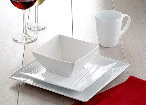 Kadra La Rochelle Square Porcelain 16 pc Dinnerware Set, Woodgrain Set Includes Dinner Plates, Salad Plates, Bowls, and Mugs